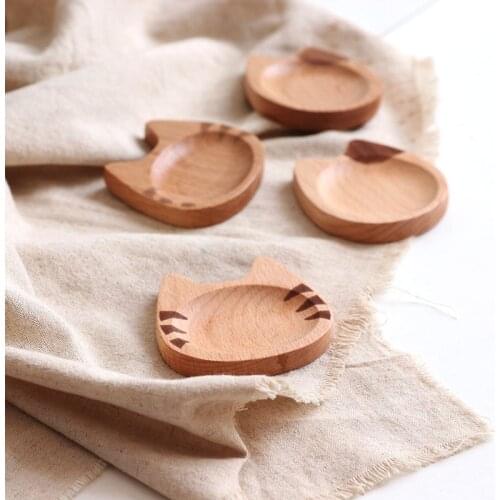 Wooden Cat Pattern Japanese Flavored Beech Wood Cartoon Sauce Dish Creative Small Wooden Dish Bowl For Home Kitchen Tools