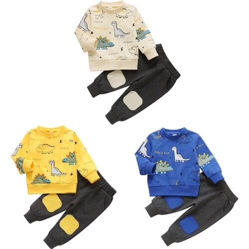 Spring Cute Baby Boys Clothing Set Kids Cute Cartoon Dinosaur Pattern Tops + Trousers 2 Pieces Instagramable Set 0-4Y