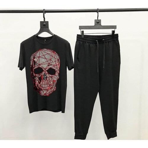 In Stock 24 Hours Quickly Send Ling-Shaped Skull Hot Drilling Fashion Short-Sleeved Mens T-Shirt Sets Slim Track Suit