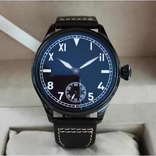 GEERVO No logo 44mm PVD black Manual mechanical mens Watch Black California dial Super luminous coffee strap G140