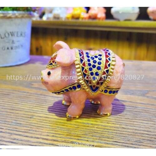 Painted Enameled Pig Decorative Jewelry Box Hinged Lovely Pig Jewelry Box Miniature Pewter Pig Figurine Color Random