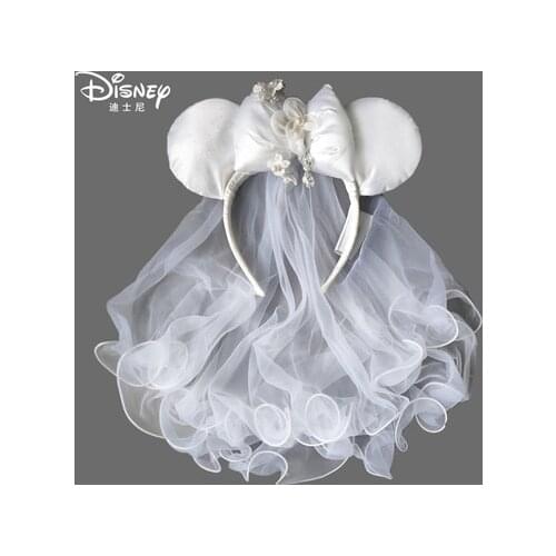 Original Disney veil hair accessory Mickey Minnie wedding dress headband handmade white lace embroidery beaded Mickey Mouse