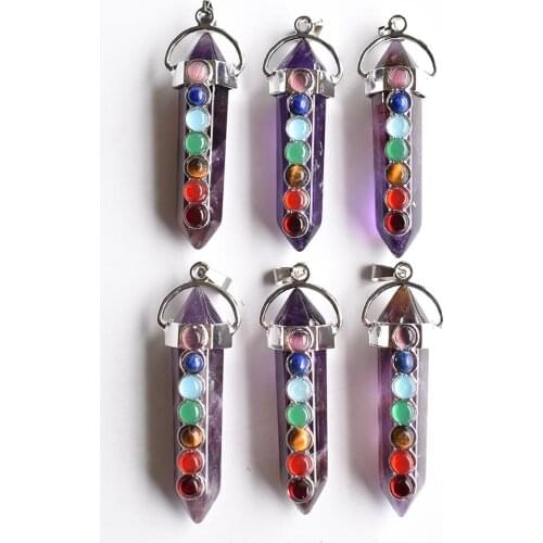 Fashion Natural Rock Crystal Hexagon Column 7 Stone Beads Healing Chakra Pendant Fashion Jewelry 6pc/lot wholesale free shipping