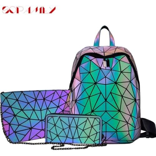 New Women Backpack Schoolbag Fold Crossbody Bag For Ladies Set 3 Pcs Purse Geometric Bag Backpacks Luminous Holographic Mochila