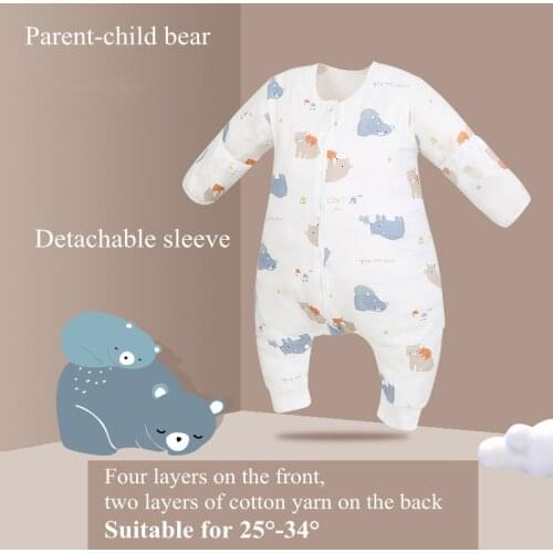 Cartoon Print Baby Split-Leg Sleeping Bag Cotton Gauze Children 's Kick-Proof Detachable Long Sleeve Rompers Fit 0~5 Year Baby