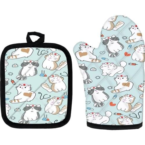 Cute Cat Print Oven Mitts Microwave Baking Gloves Cat Pattern Insulation Gloves and Mat Polyester Kitchen Gloves for Cooking