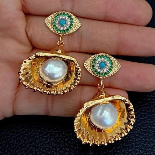 YYGEM White freshwater Pearl Shell drop Cubic Zirconia pave Evil Eye Yellow Gold color Charm Stud Earrings Sweet Gift Jewelry