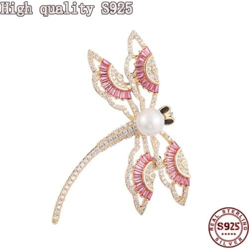 High Quality Color Zircon Brooch Temperament Pearl Pin Shawl Buckle Clothes Decoration Animal Dragonfly Brooch Female