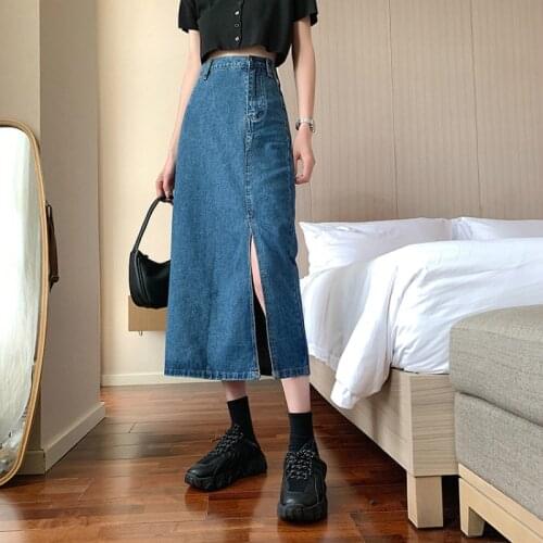 Traf 2021 Summer Women Korean Long Jeans Midi Loose Skirts Dark Light Blue Split High Waist Denim Vintage Female High Street