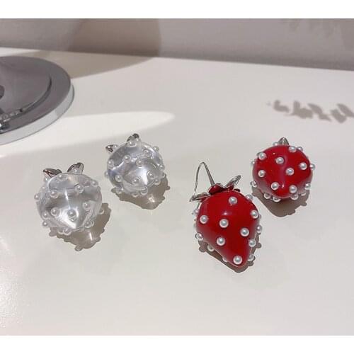 AMORCOME 2021 New Korean Crystal Pearl Transparent Strawberry Sweet Fresh Fruit Drop Earrings for Women Girls Jewelry Gifts