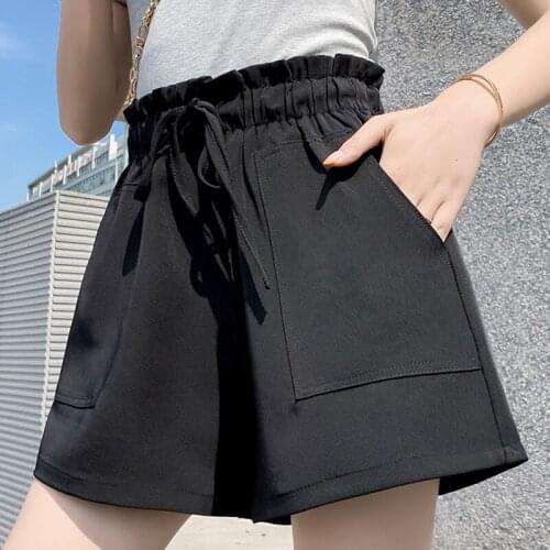 Harteen Vetement Femme 2021 Summer Black High Waist Wide Leg Korean Fashion Shorts For Womens Clothes Casual Drawstring Shorts
