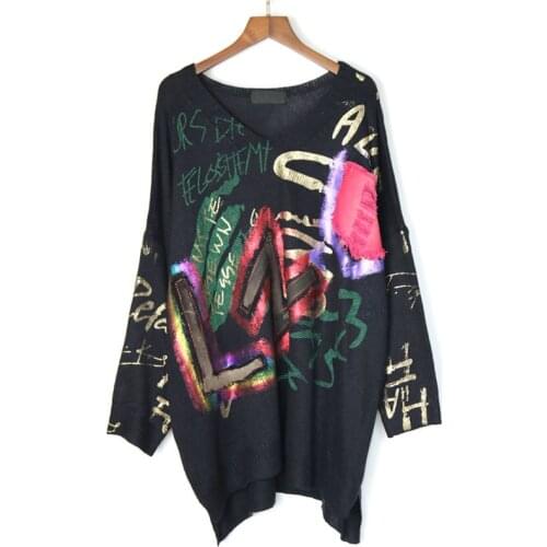 Plus Size Gold Print Sweater Women Long Sleeve Tops Hiphop Fashion Loose Casual Plus Size Tops Female 2019 Autumn New LT973S30