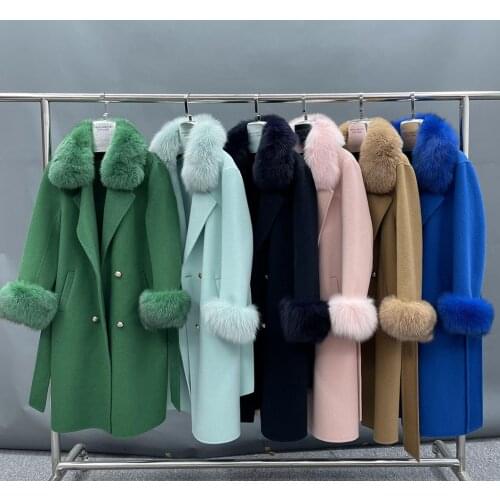 2021 Winter Women Coat Cashmere Wool Jacket With Fox Fur Collar And Cuff Elegant Slim Fit Korean Fashion Long Overcoat Female