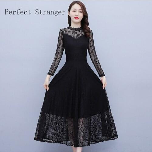 2021 Autumn New Arrival High Quality Retro Half High Collar Long Sleeve Collect Waist Women Long Lace Dress