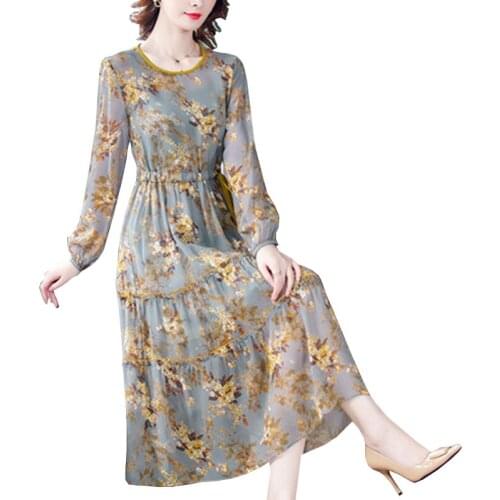 2021Floral Silk Dress Women Autumn Elegant Beach Dresses For Women Casual Party Korean Midi Dress Vintage Vestidos FC1419