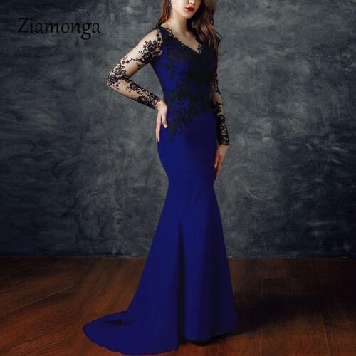 Ziamonga Mermaid Prom Long Dress Black Lace Women Party Dress New Plus Size Robe De Soiree Full Sleeve Evening Maxi Dress Gowns