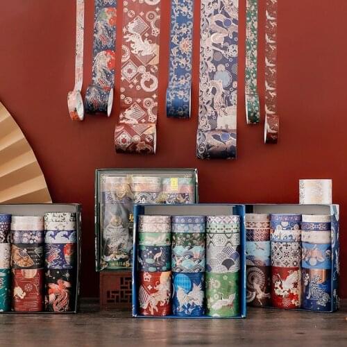 15pcs Chinese Vintage Washi Tape Set Dragon Crane Phoenix Kylin Adhesive Masking Tapes Decoration Sticker Lipstick Diary A6085