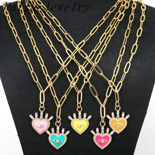 5Pcs Trendy Zircon Enamel Charms Heart Shape Eye Colorful Pendant With Crown Pendant Necklaces Charm For Party