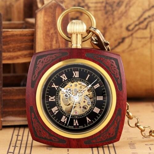 Special Square Mahogany Automatic Mechanical Pocket Watch Roman Digital Dial Durable Thick Chain Necklace Pendant Men Women Gift