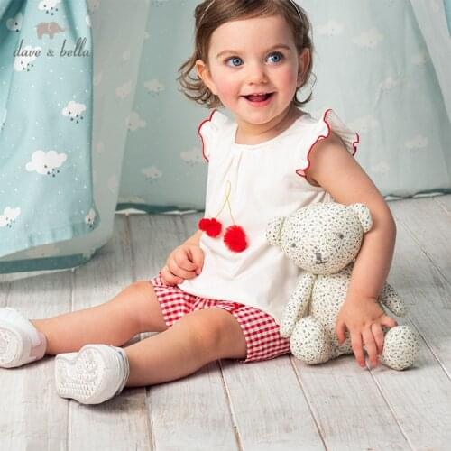 DBW14167 dave bella summer baby girls fashion bow floral appliques plaid clothing sets kids cute sets children 2 pcs suit