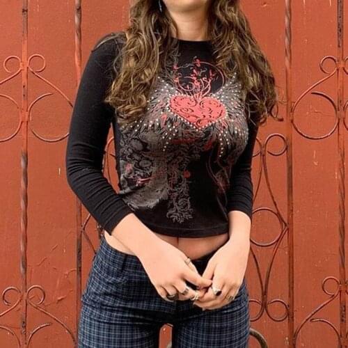 Dark Trend Street Grunge Top 2021 Love Printed Wings Ironed Drill Basic Round Collar Long Sleeve T-shirt Y2k Aesthetic Fanshion