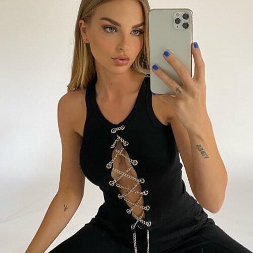 Punk Style Metal Chain Bandage Hollow Out Design Tank Top Women High Street Casual Sexy Club Wear Camisole Vest Female