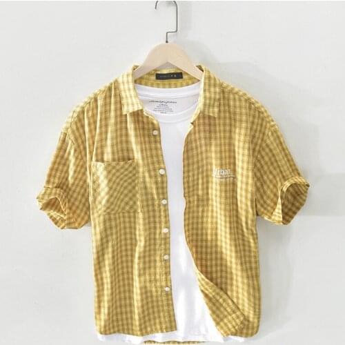 Plaid 100% Cotton Shirt Men Short Sleeve Turn Down Collar Pure Cotton Casual Men Shirts with Button Camisas Para Hombre TS-670