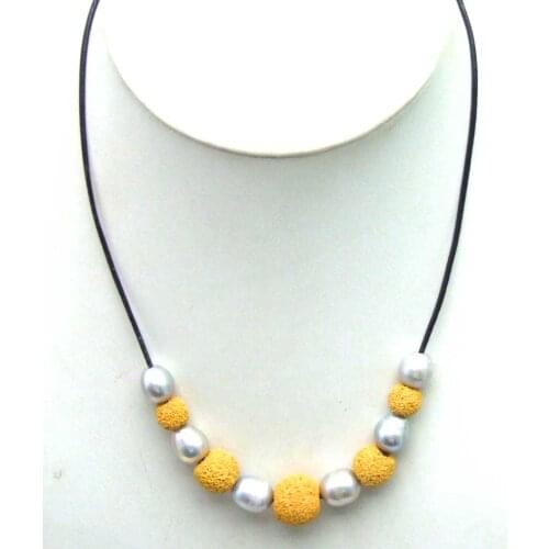 SALE Big 10-11mm Gray Rice Natural Freshwater Pearl with Yellow Lava rock Necklace 18" with Genuine Leather-5911