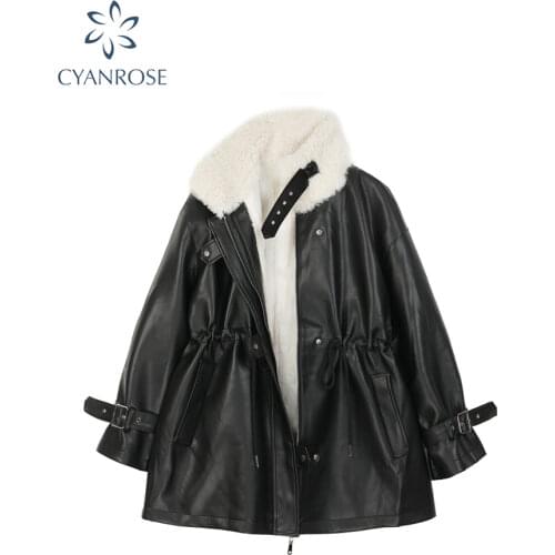 Faux Fur Coat Women Leather Jacket Autumn Winter Warm Plush Thick Suede Outerwear Lambs Wool Short Motorcycle Coats Female