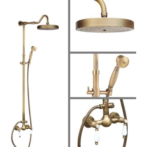 Vintage Retro Antique Brass Wall Mounted Bathroom 7.7" Round Rain Shower Head Faucet Set Dual Ceramic Handles Mixer Tap man514