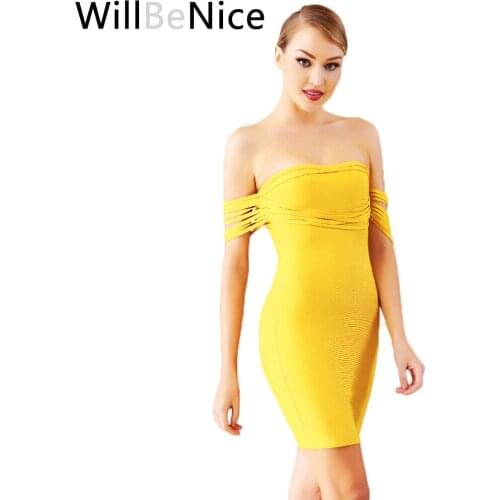 WillBeNice Yellow Cheap Quality Wholesale Sexy Thin Strap Sleeveless Off Shoulder Women Club Bandage Dress Woman Party Night