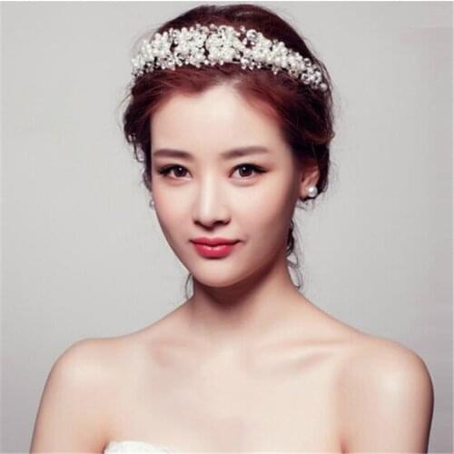 Mamojko Korean Handmade Rhinestone Pearl Wedding Bridal Crown Fashion Luxury Bride Tiara Women Diadem Hair Dress Accessories