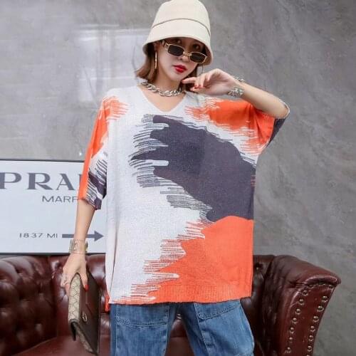 2111 New Summer Short Sleeve Knitted T-shirt Vintage European O-neck Pullover Women Print Street Style Oversized Women Tops