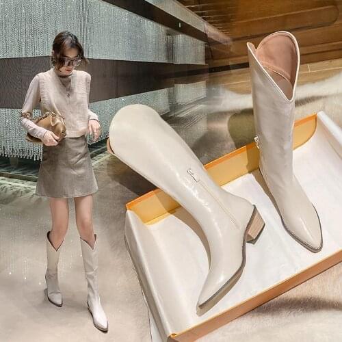 35-40 knee high boots mid-heel calf high heels women winter shoes western boots cowboy boots women pointed leather