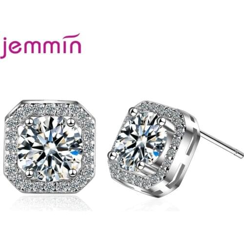 Women 925 Sterling Silver Stud Earrings Fashion CZ Crystal Geometric Square Cubic Zircon Engagement Annivesary Gifts Jewelry