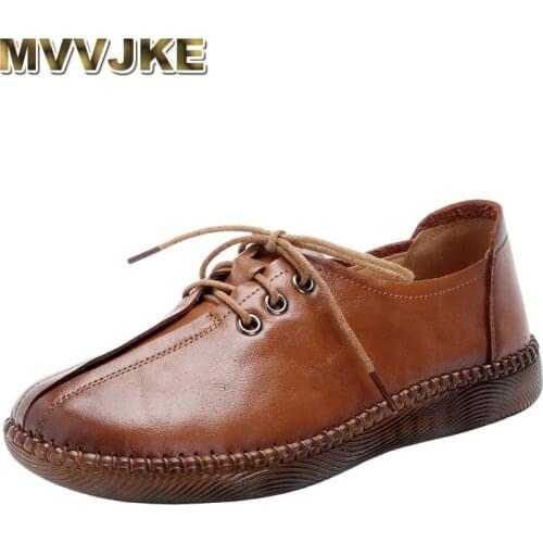 MVVJKE 2020 Spring Autumn Handmade Genuine Leather Flat Casual Shoes Woman Low Heel 2.5cm Soft Bottom Lace Up Woman Flats