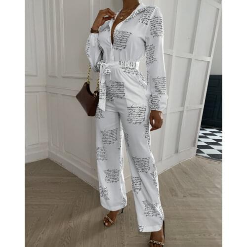Chicme Summer Women Letter Print Casual Knotted Jumpsuit Deep V-Neck Long Sleeve Wide Leg With Belt Fashion Casual Work Elegant