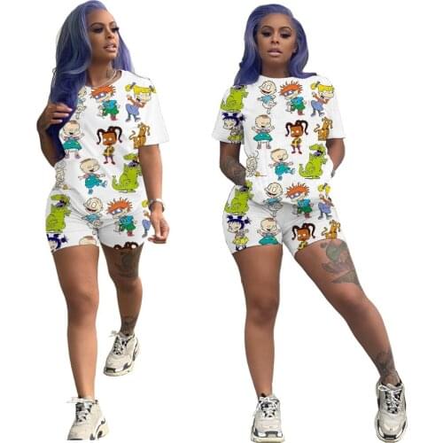2021 Short Sets Women Clothing Summer Printed Casual Cartoon O-Neck Sport T-Shirts Tops Shorts Two Piece Set Women Matching Sets