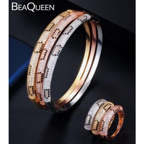 BeaQueen Round Fashion AAA Cubic Zirconia Micro Pave Black CZ Stone Snake Circle Bracelets Bangles Ring Sets Women Jewelry JS192