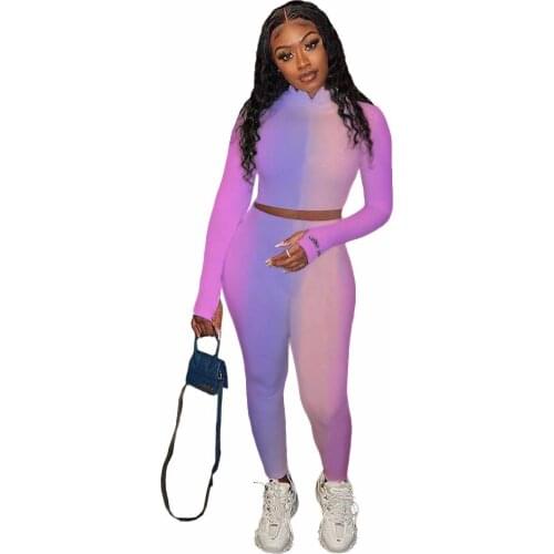 Rainbow Color Womens Set Long Sleeve Lucky Label Embroidery Stand Collar Top Pants Suit Tracksuit Two Piece Set Fitness Outfits