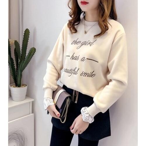 Pleuche Womens 2019 Autumn and Winter Korean-Style New Student Loose round Neck Pullover Velvet Hoodie