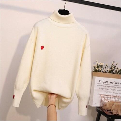 Cartoon Love Turtleneck Lazy Sweater Women Long Sleeve Loose Embroidery Knitting Bottom Sweater Female Pulling Spring Autumn