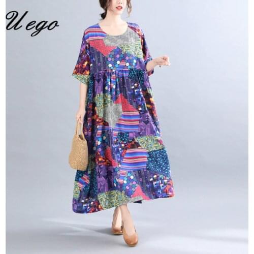 Uego Print Floral Loose Casual 2021 Summer Dress Holiday Beach Oversized Cotton Female Lady Vestidos Women Long Maxi Dress