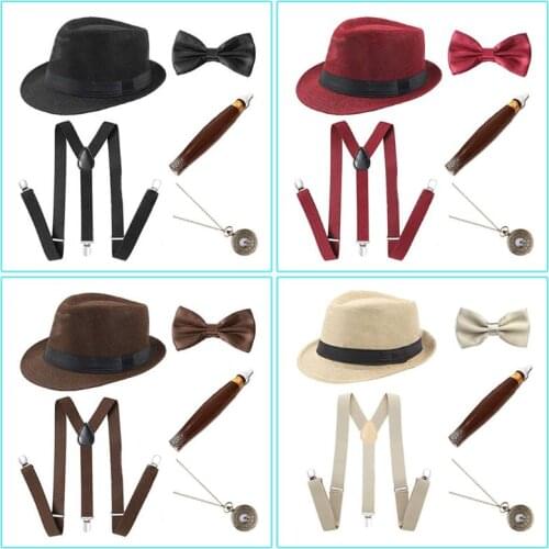 25 1920s Mens Cosplay Gangster Costume Accessories Set Manhattan Hat Suspenders Pre-Tied Bow Tie Fake Plastic Cigar Pocket Watch