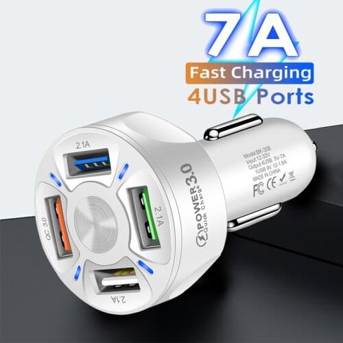 Quick Charge QC3.0 Car Charger 7A 4 USB Port Charging Adapter LED Charging Indicator For iPhone 12/12 Pro Max Xiaomi 11 10 Redmi