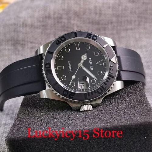 BLIGER Black Men Watch Sapphire Crystal MIYOTA 8215 Screw Crown Glass with Magnifier Rotating Bezel Ceramic Insert