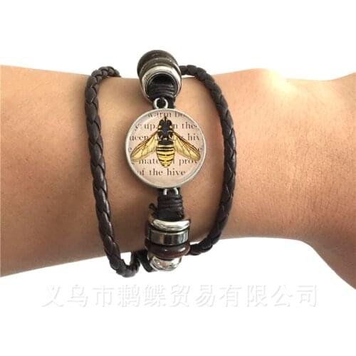 Bee Pattern Bracelet Insect Art Picture 20mm Glass Cabochon Dome Black/Brown 2 Color Leather Cords Adjustable Bangle Gift