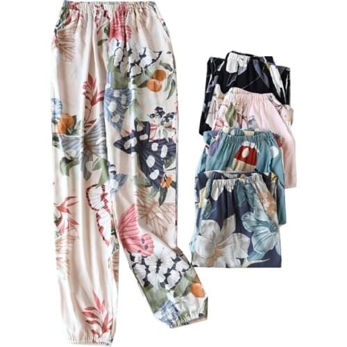 2021 Rayon Trousers Womens Spring And Summer Thin Cotton Loose Cool Can Be Worn Outside Soft Pants Floral Printed Sleep Bottom