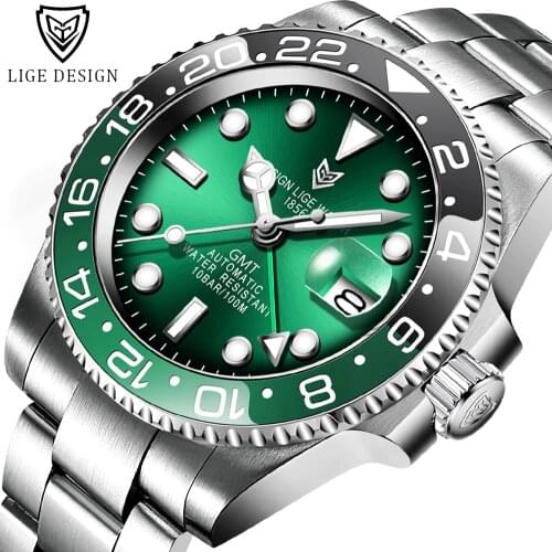 2020 New Sports Mechanical Wristwatch Stainless Steel 100ATM Waterproof Diving GMT Watch LIGE Top Brand Men Watches Reloj Hombre