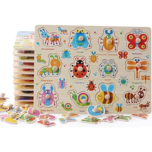 Kids Montessori Wooden Puzzles Baby Toys Cartoon Animal Fruit 3D Hand Grab Jigsaw Puzzle Board Game Educational Toy For Children